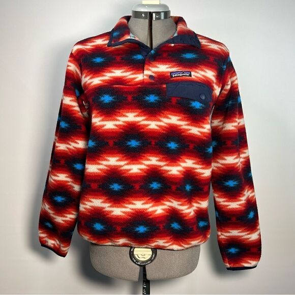 Patagonia Womens Synchilla Snap T Pullover Sweater in Red Wild Desert Aztec S - Picture 1 of 9